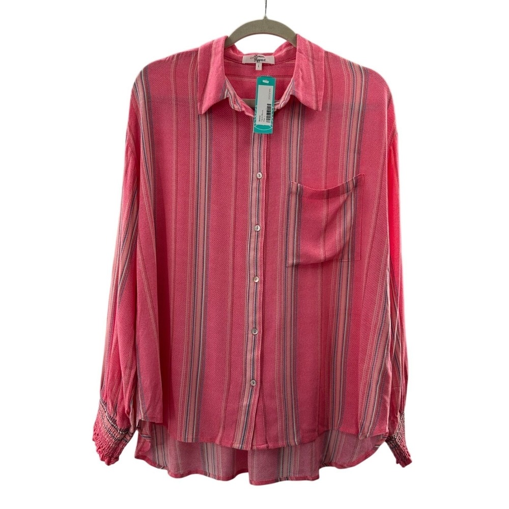 Beacon Haven Apparel Stitch Fix Blouse‎ Pink Striped Button Down Shirt Large